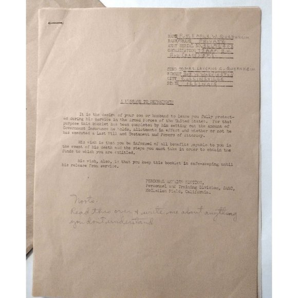 WW II 1943 Military Benefits Documents Life Insurance Dependency Benefits IL - Picture 2 of 3